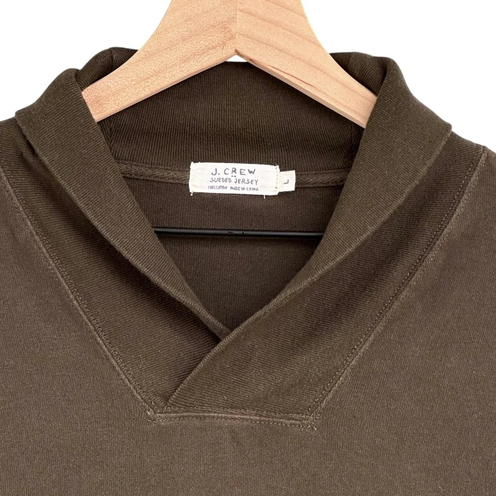J.Crew Mens Sueded Jersey Cotton Shawl Collar Sweatshirt Brown Olive Green Large